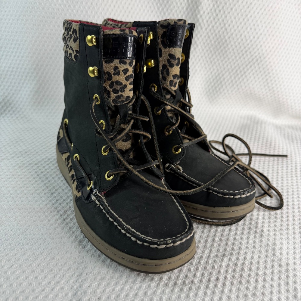 Sperry Top-Sider Hikerfish Womens Black Leather Leopard Print Boat Boots 7M